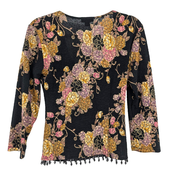 VTG Y2K Black Textured Metallic Floral Bead Trim Boho Whimisigoth Faux Wrap Top - Picture 8 of 12